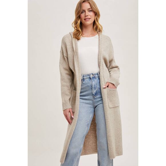 Longline Hoodie Drape Open Front Cardigan Coatigan Oatmeal - Picture 2 of 8